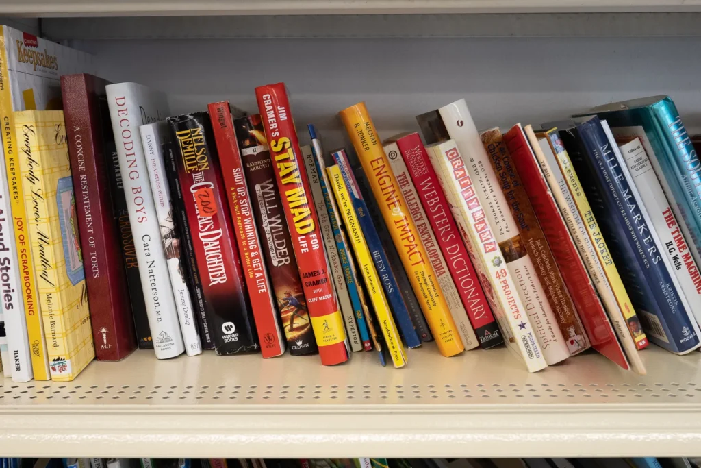A selection of fiction, nonfiction, reference, and craft books displayed on a shelf at Value World