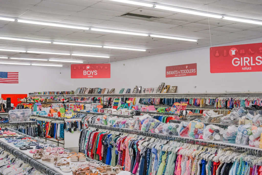 Children’s clothing, shoes, toys, and accessories inside the Value World The Heights location in Houston.