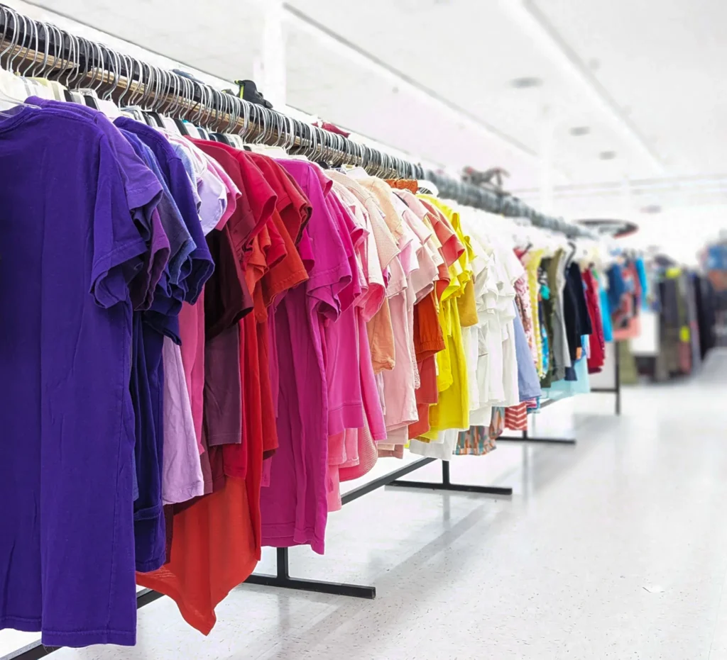 Colorful T-shirts and casual clothing arranged by color on racks inside Value World.