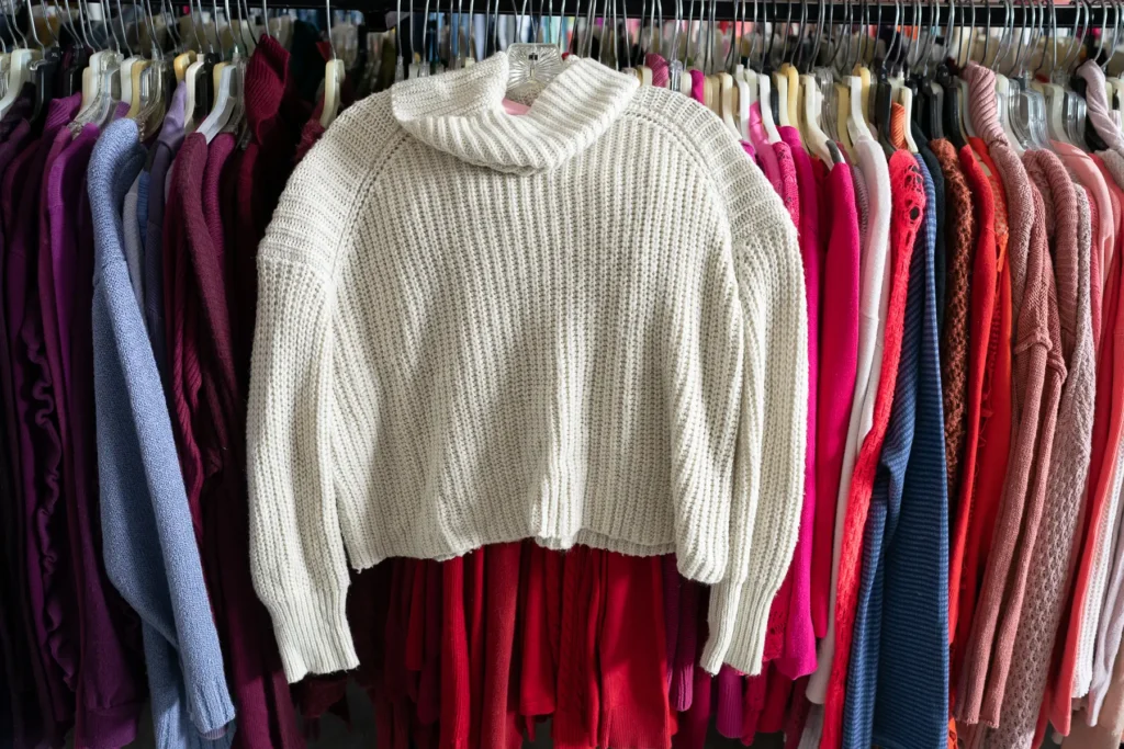 Cream knit sweater displayed in front of a colorful rack of women’s sweaters at the Harrisburg thrift store.