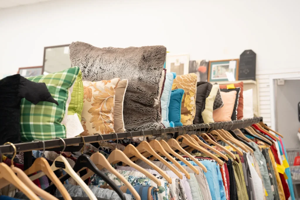 Decorative throw pillows and framed artwork displayed above clothing racks inside the Value World Antoine store.