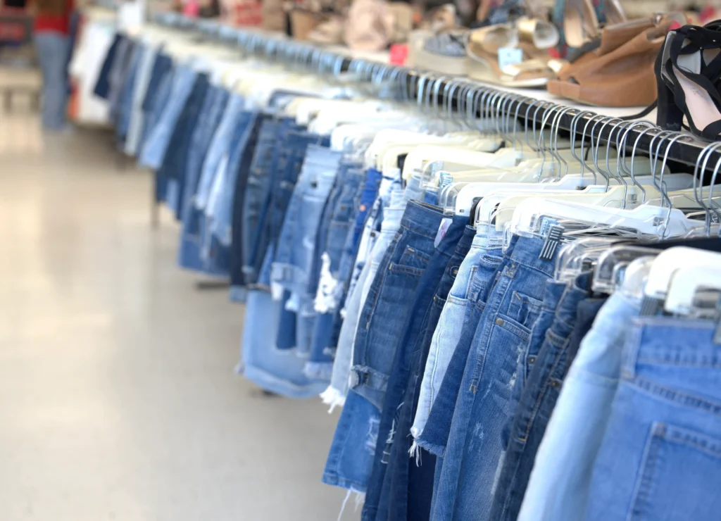 Rows of blue denim jeans in assorted washes hanging inside the Value World The Heights thrift store.
