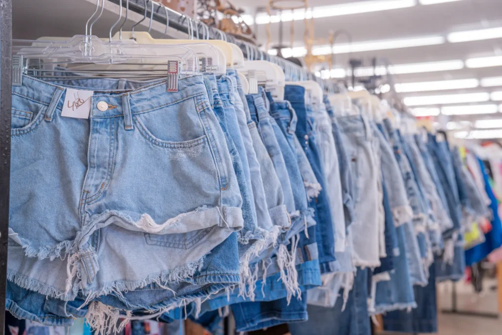A rack of denim shorts and jeans available inside a Value World store.