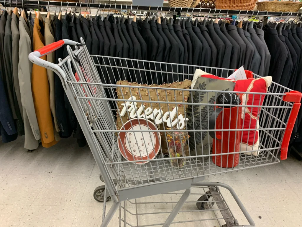 Shopping cart filled with pillows, dishes, wall décor, and other secondhand finds at Value World in North Randall.