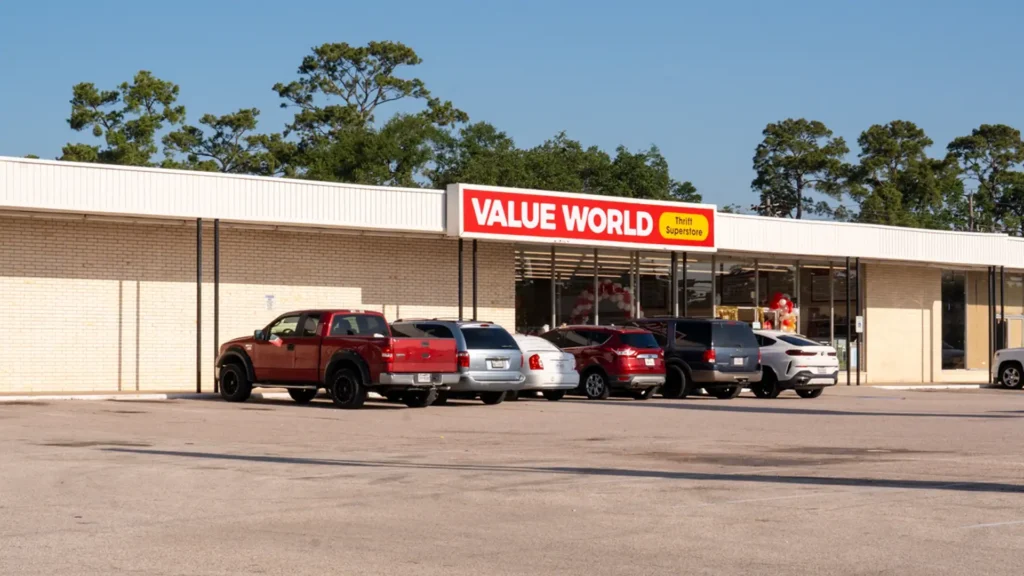 Exterior of the Value World Gessner thrift store in Houston with cars parked near the entrance.