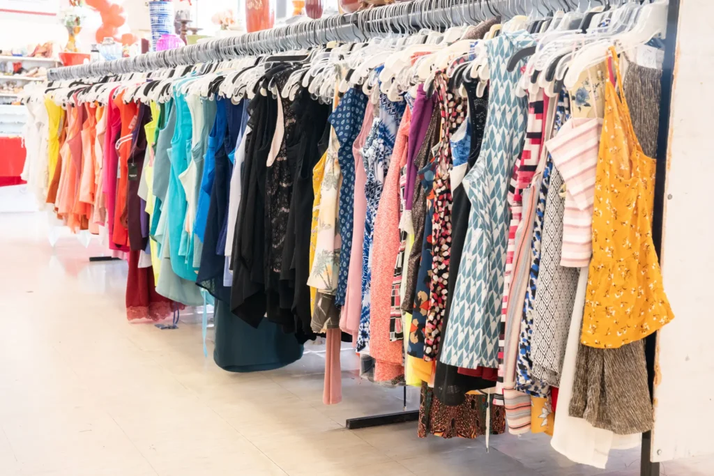 Colorful women’s dresses, tops, and other clothing arranged on racks at Value World.