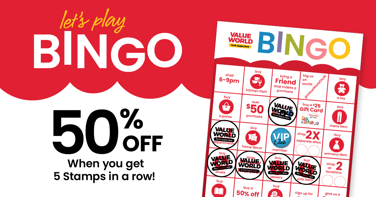 Play Thrift Bingo Now Thru February Earn 50% Off Coupon