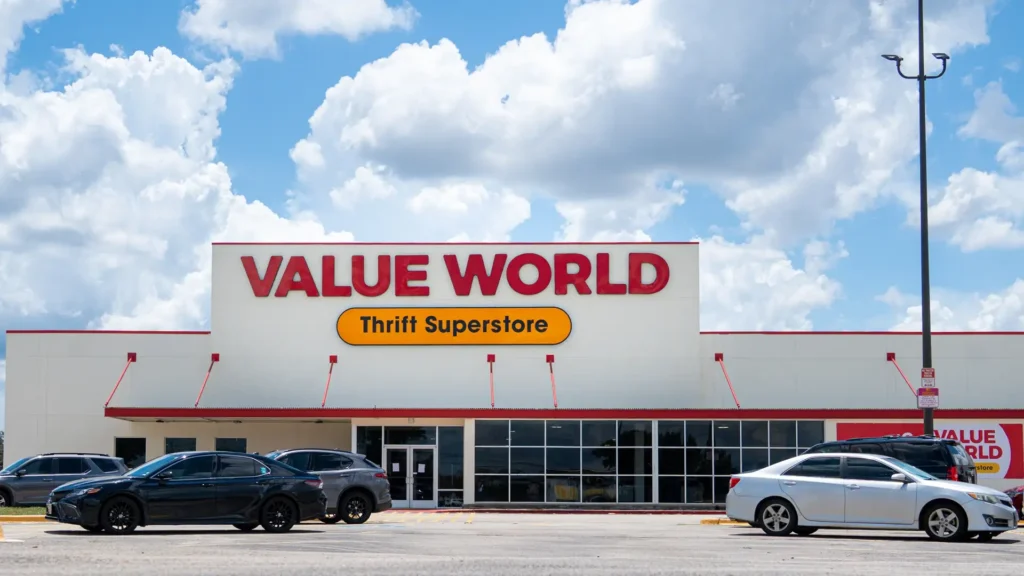 Exterior of the Value World Barker Cypress thrift store in Houston, Texas, beneath a bright blue sky.